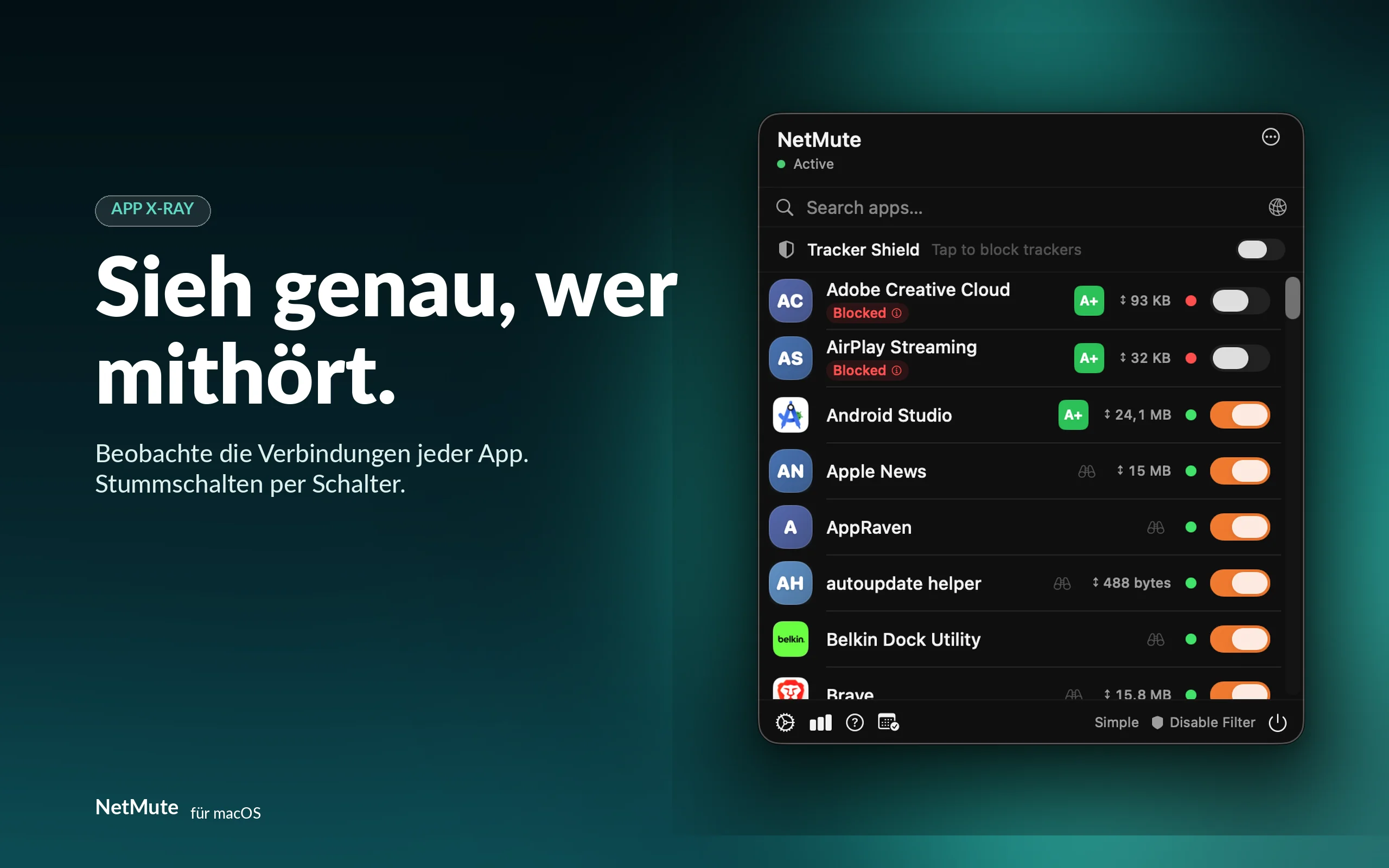 Sieh genau, wer mithört — beobachte die Verbindungen jeder App und stummschalte sie per Schalter