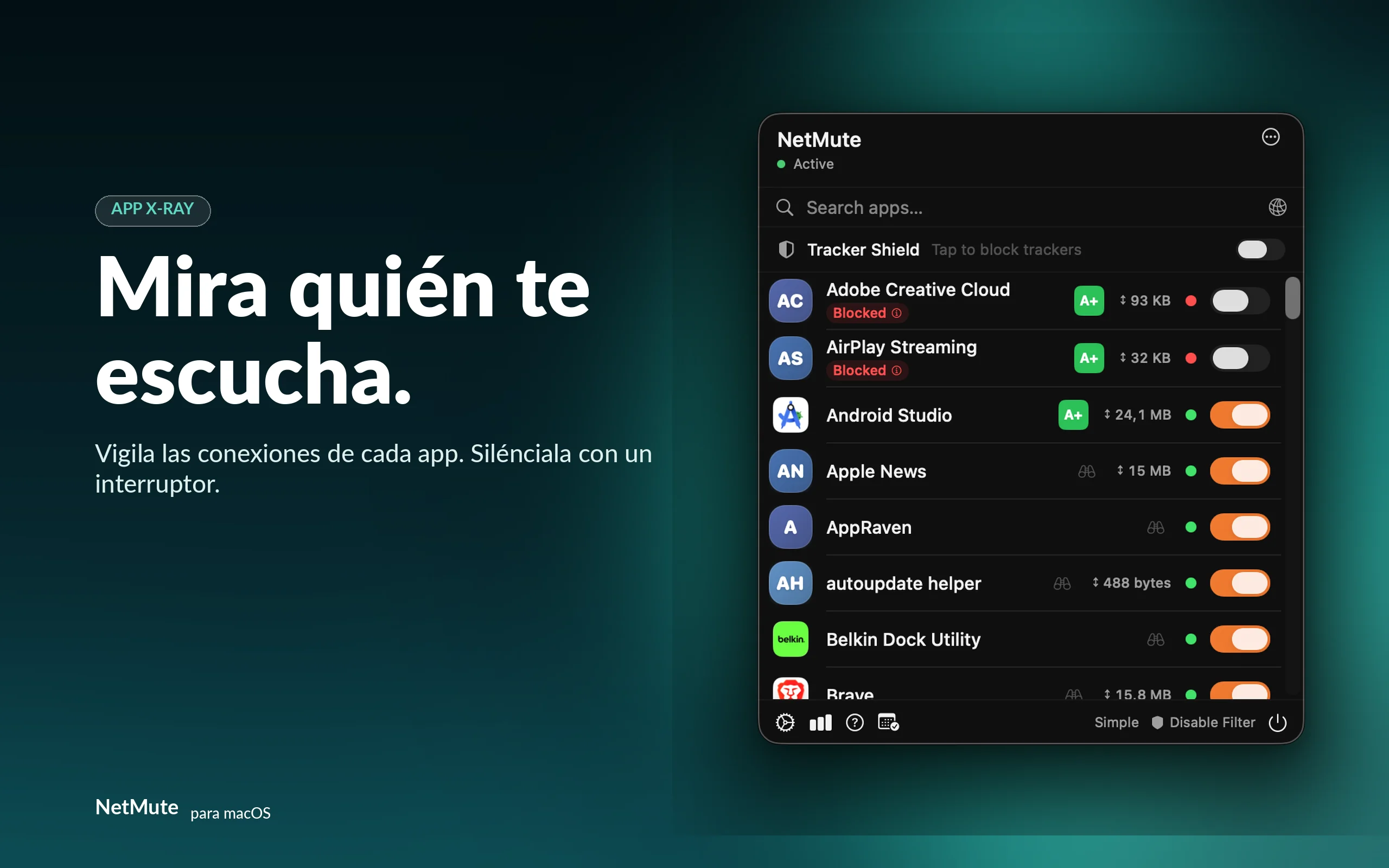 Mira exactamente quién escucha — observa las conexiones de cada app y silénciala con un interruptor