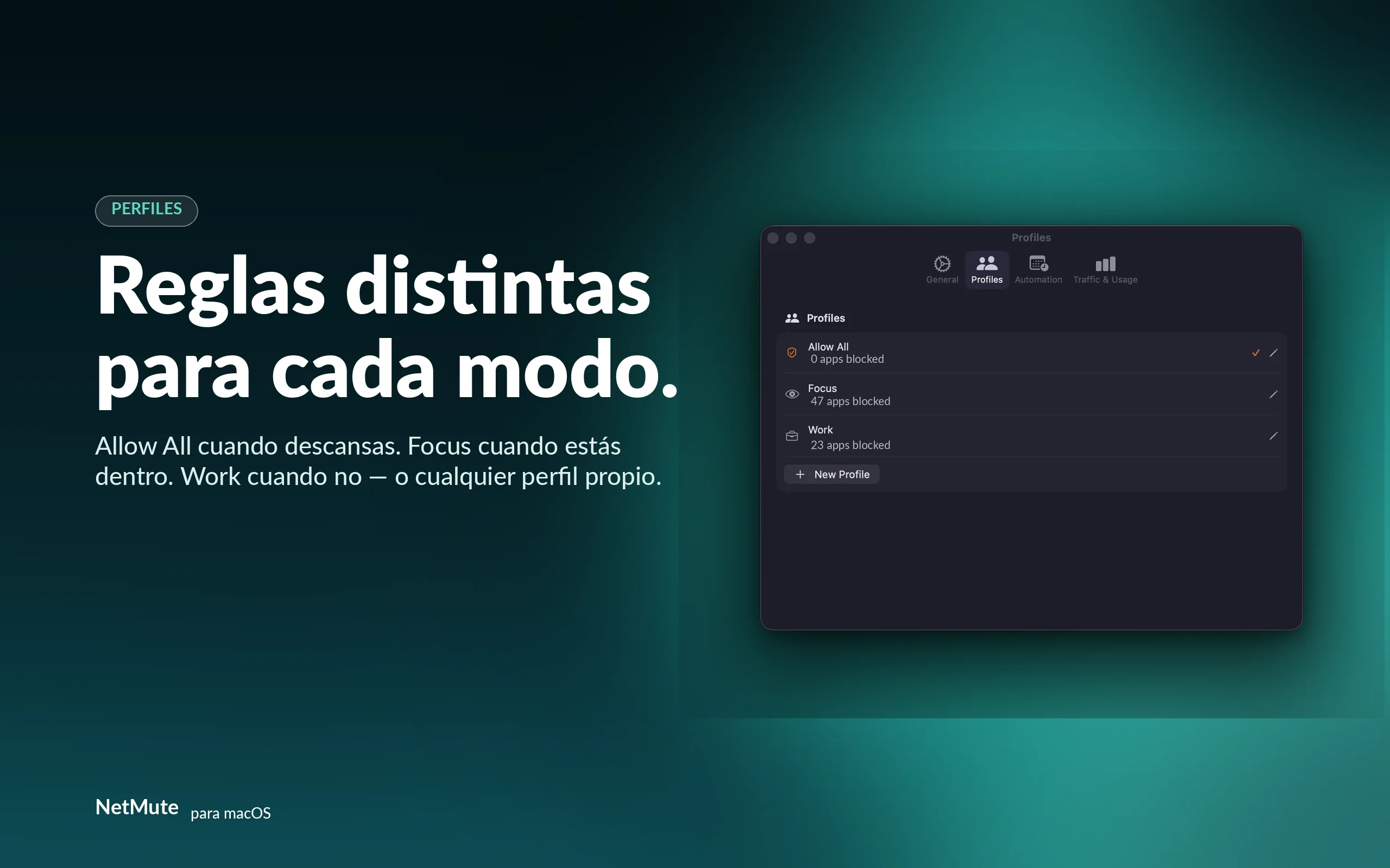 Un conjunto de reglas para cada modo — Allow All, Focus, Work o tu propio perfil