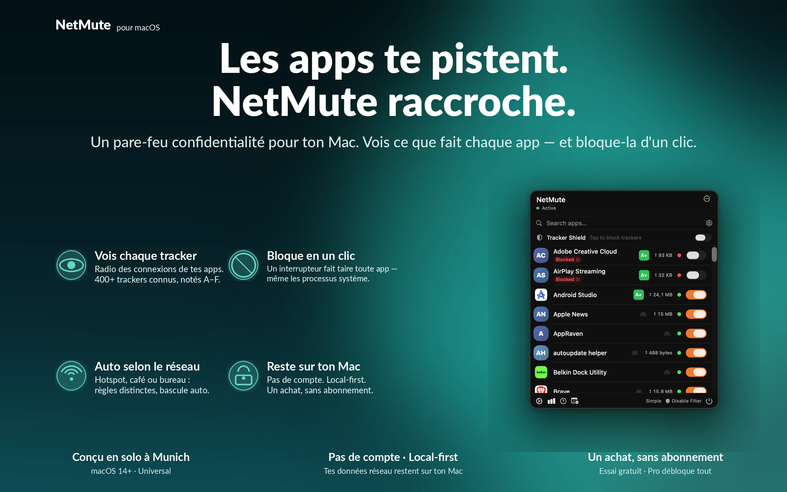 Les apps te pistent. NetMute raccroche — un pare-feu confidentialité pour ton Mac