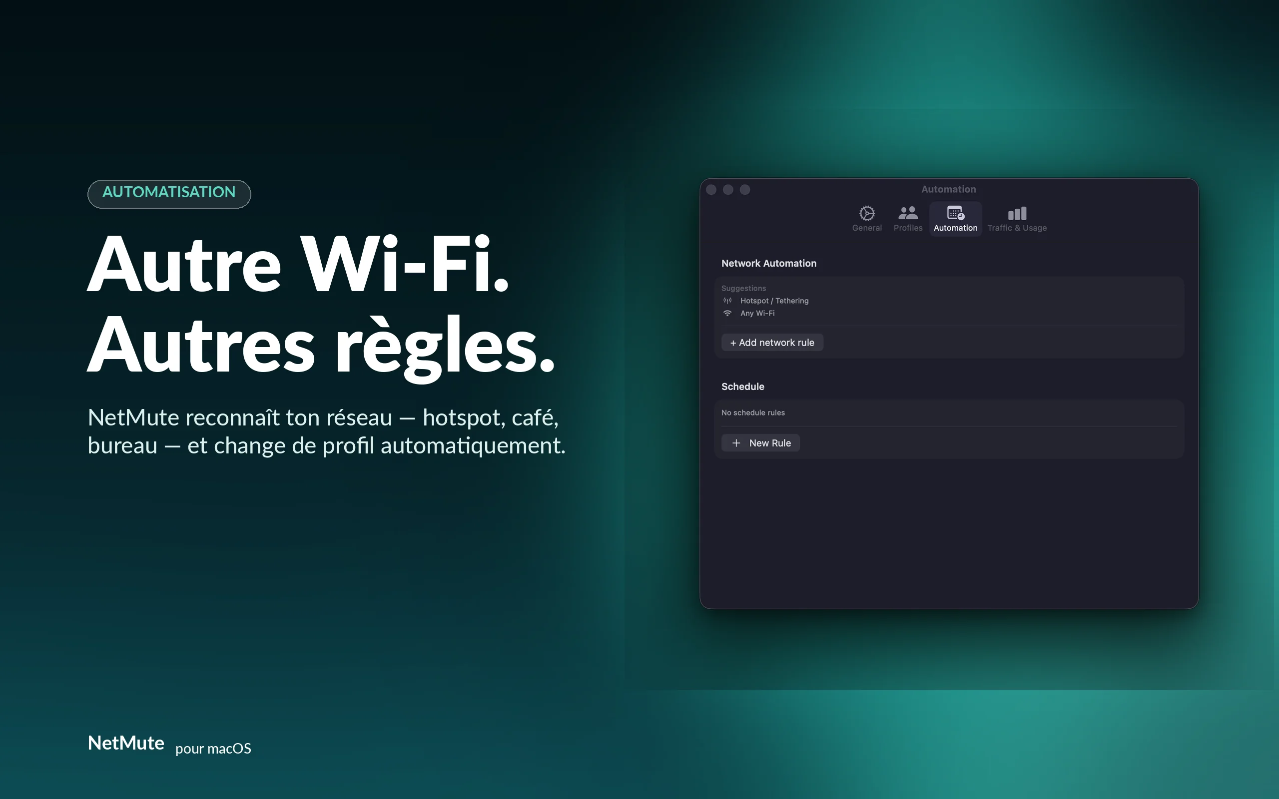 Autre Wi-Fi, autres règles — NetMute bascule le profil automatiquement