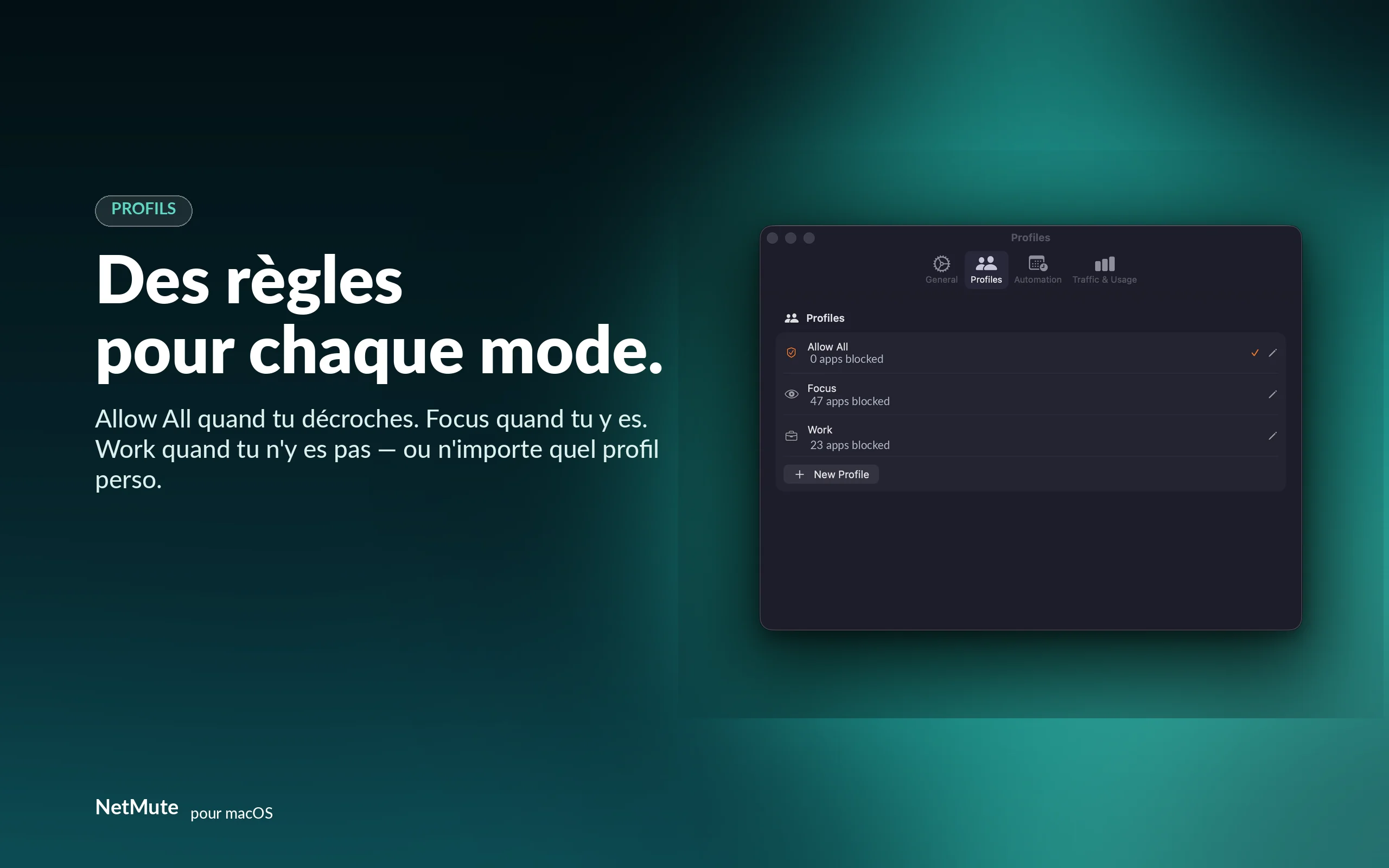 Un jeu de règles pour chaque mode — Allow All, Focus, Work ou un profil sur mesure