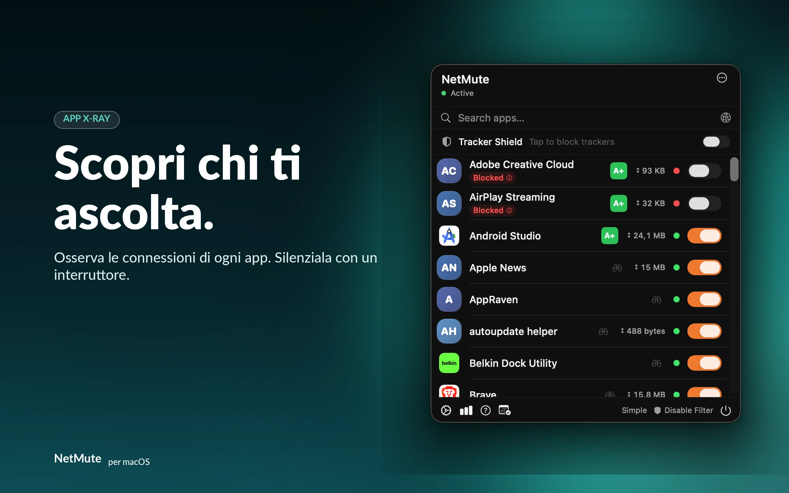 Vedi esattamente chi ascolta — osserva le connessioni di ogni app e silenziale con un interruttore