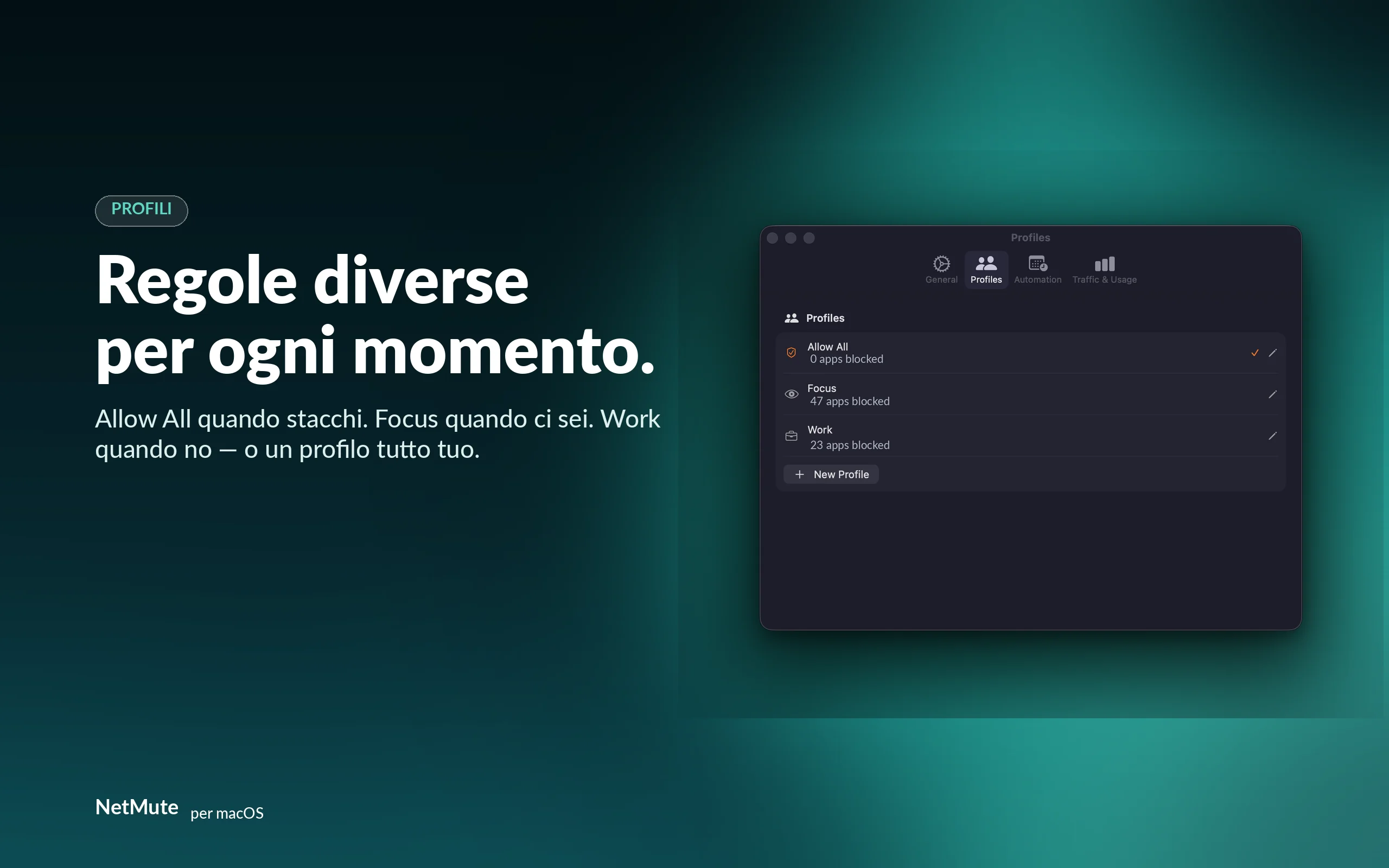 Un set di regole per ogni modalità — Allow All, Focus, Work o un profilo personalizzato