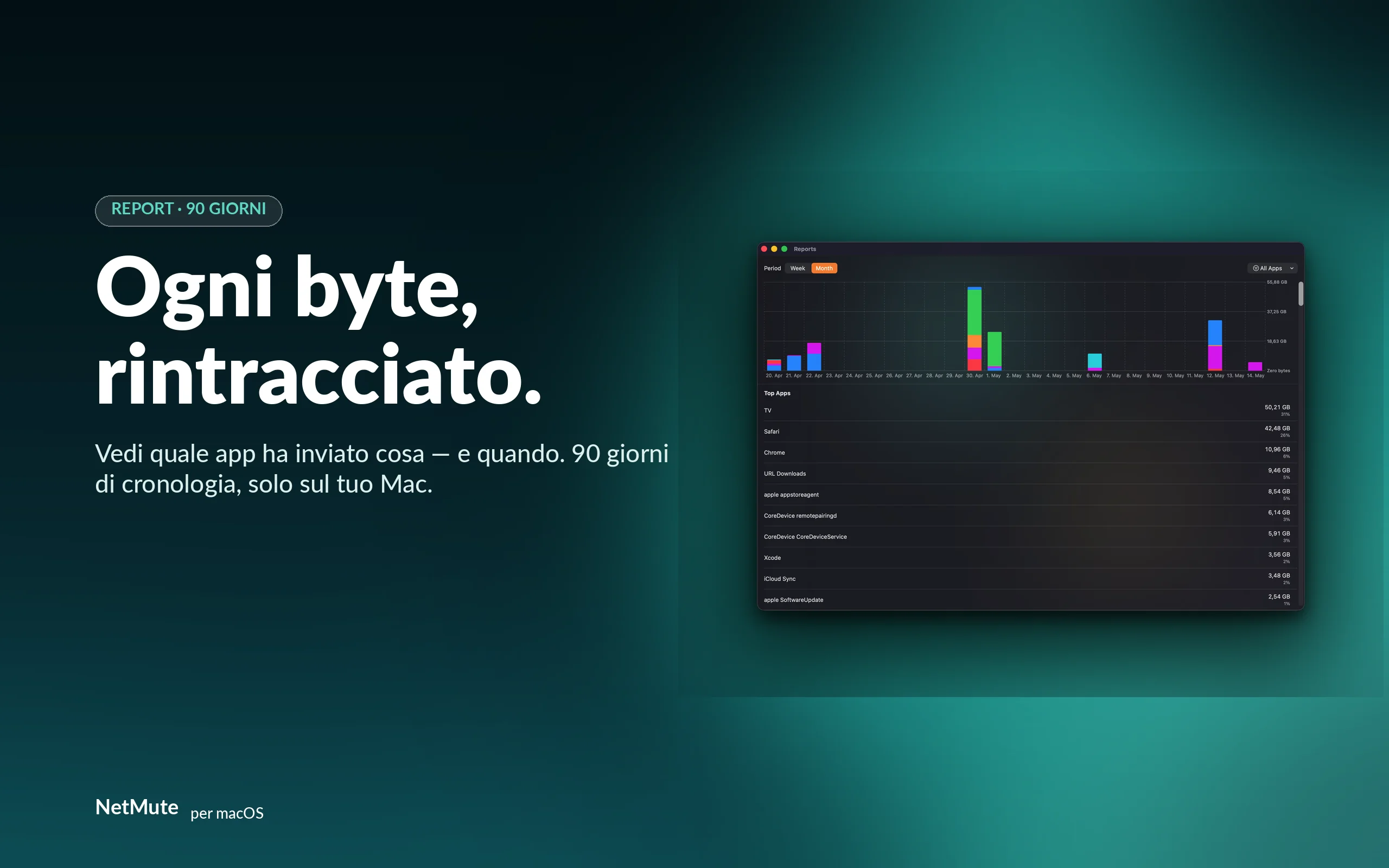 90 giorni di traffico, ogni byte rintracciabile — salvato solo sul tuo Mac