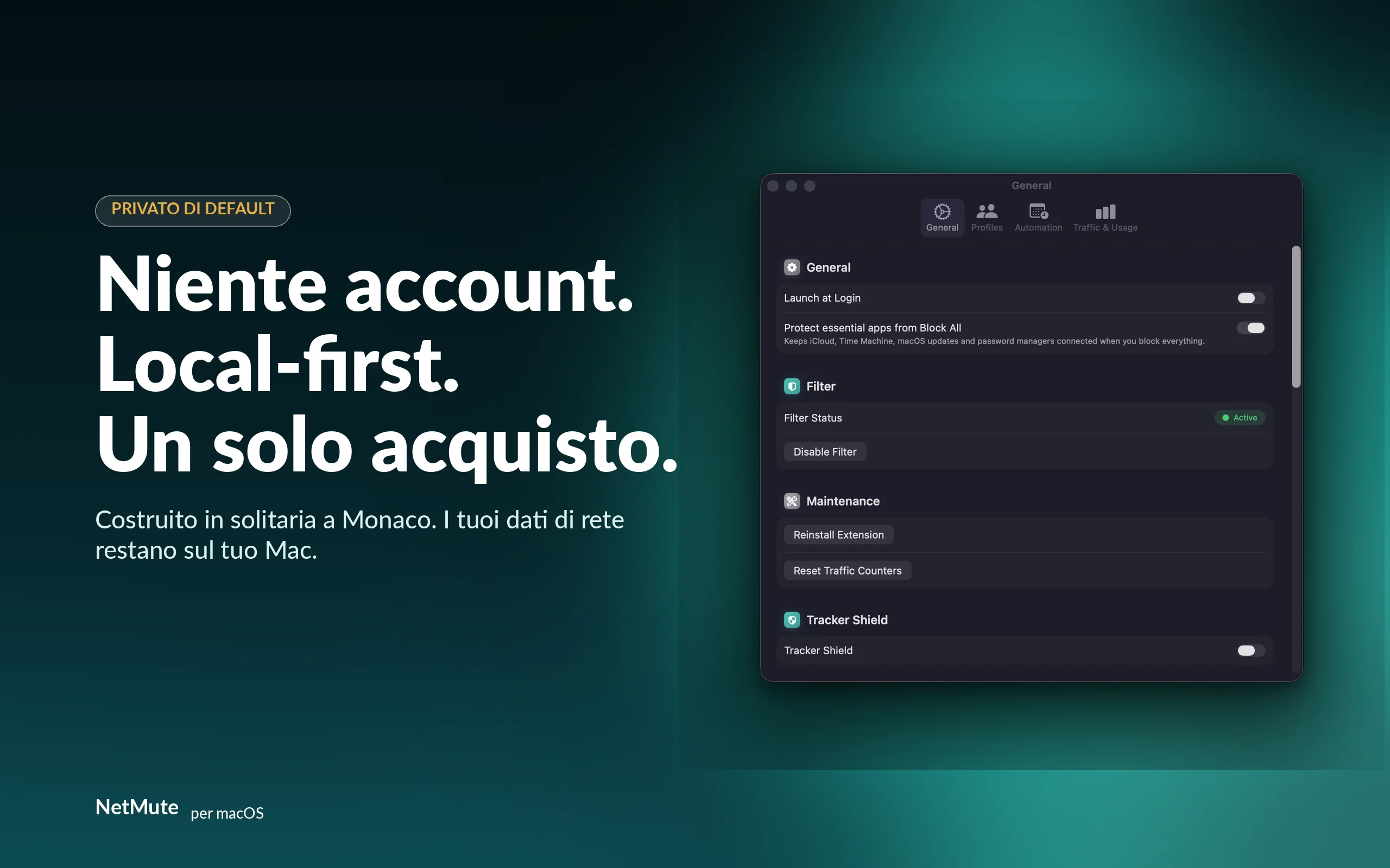 Niente account. Local-first. Un acquisto. Costruito in solitaria a Monaco.