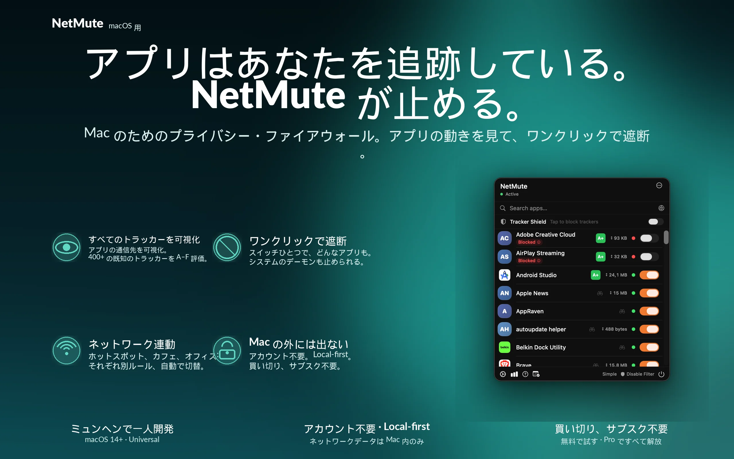 アプリはあなたを追跡している。NetMuteが止める — Macのためのプライバシー・ファイアウォール