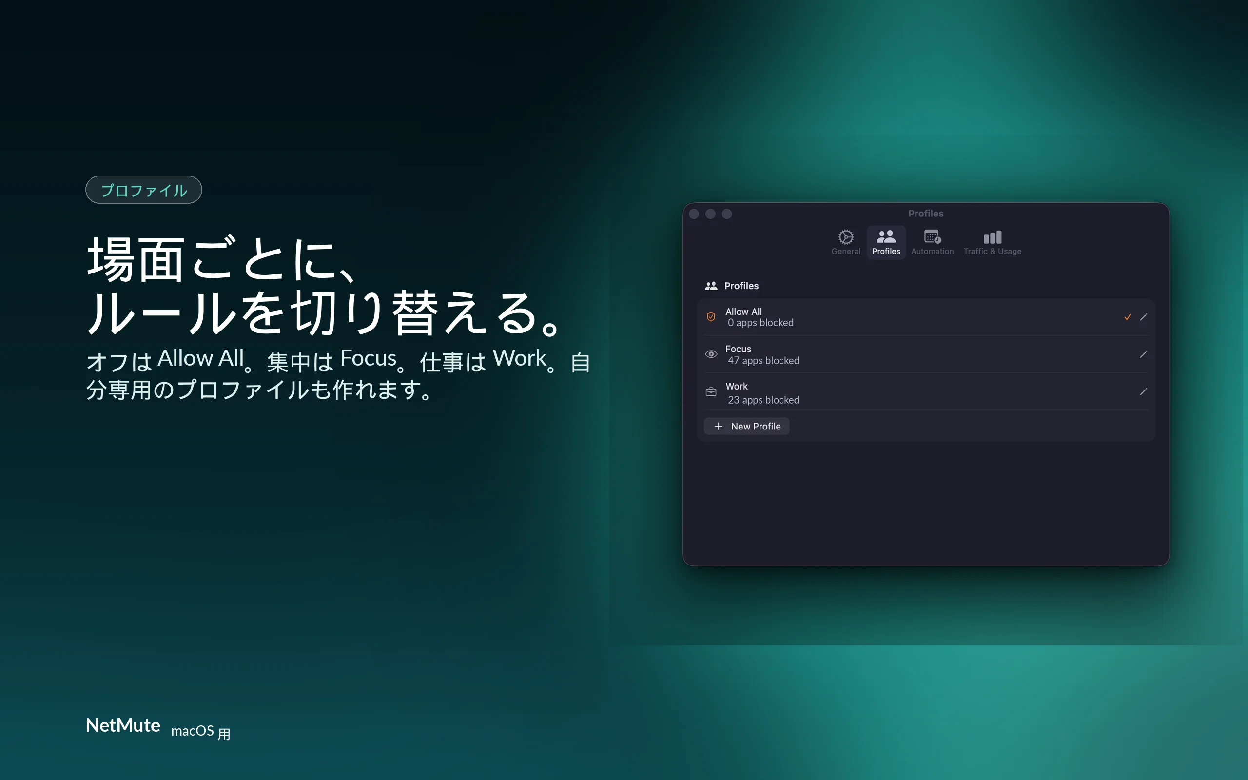 モードごとのルールセット — Allow All、Focus、Work、または独自プロファイル