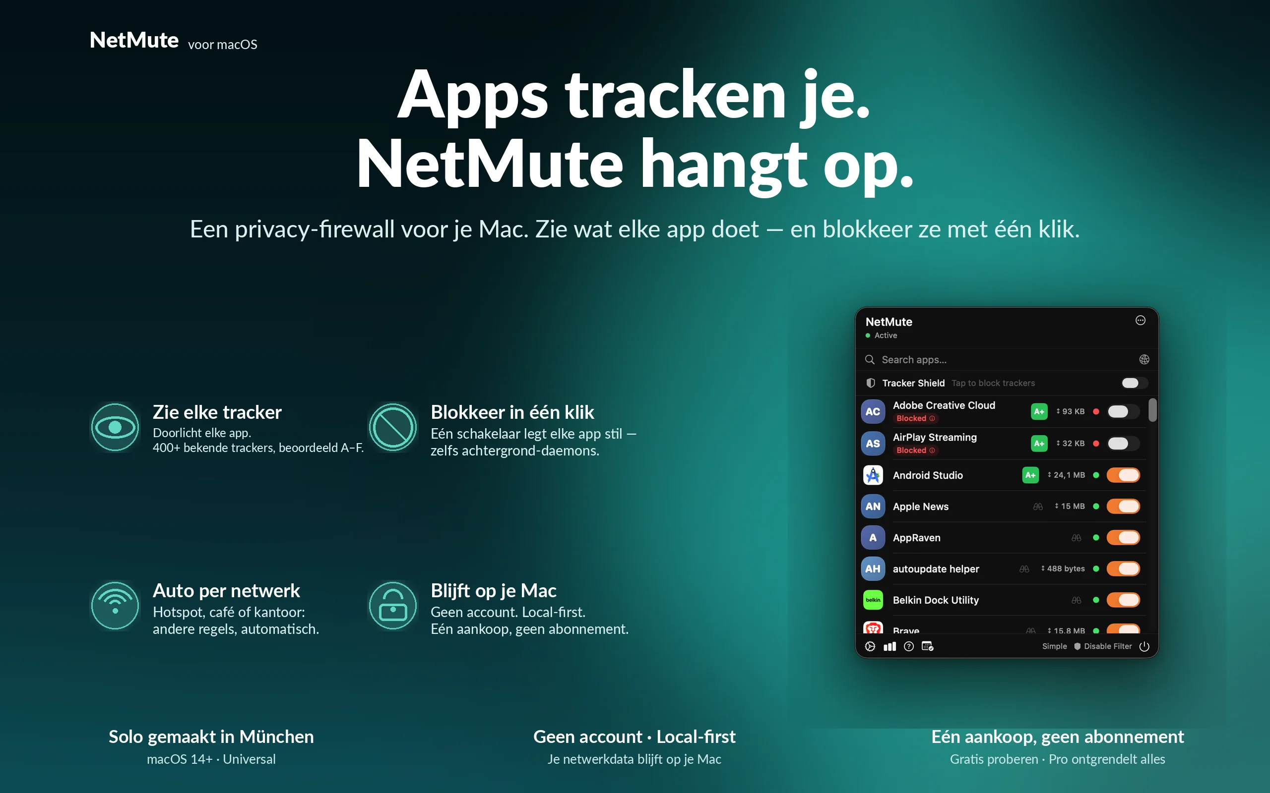 Apps tracken je. NetMute hangt op — een privacy-firewall voor je Mac