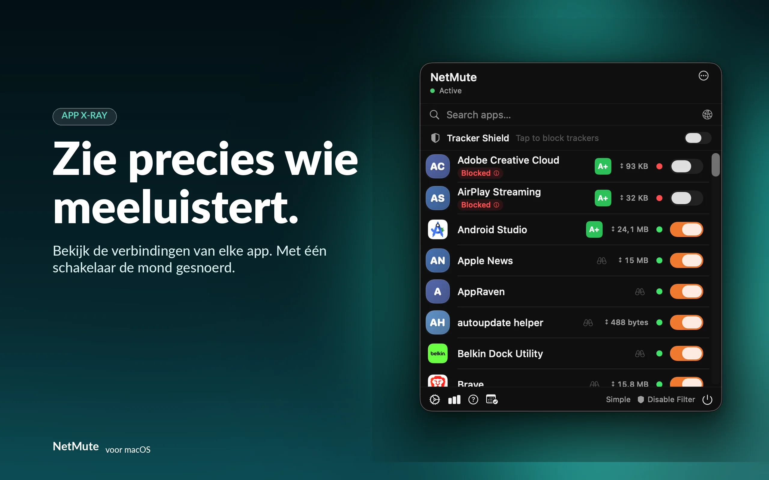 Zie precies wie meeluistert — bekijk de verbindingen van elke app en demp ze met één schakelaar