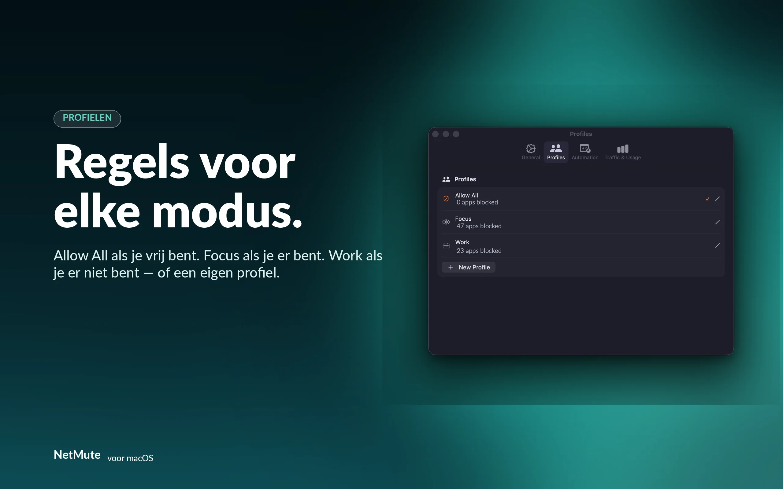Een regelset voor elke modus — Allow All, Focus, Work of een eigen profiel