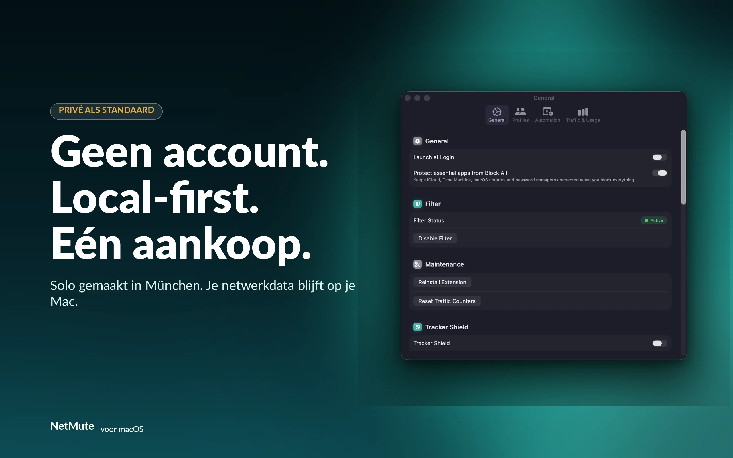 Geen account. Local-first. Eén aankoop. Solo gemaakt in München.