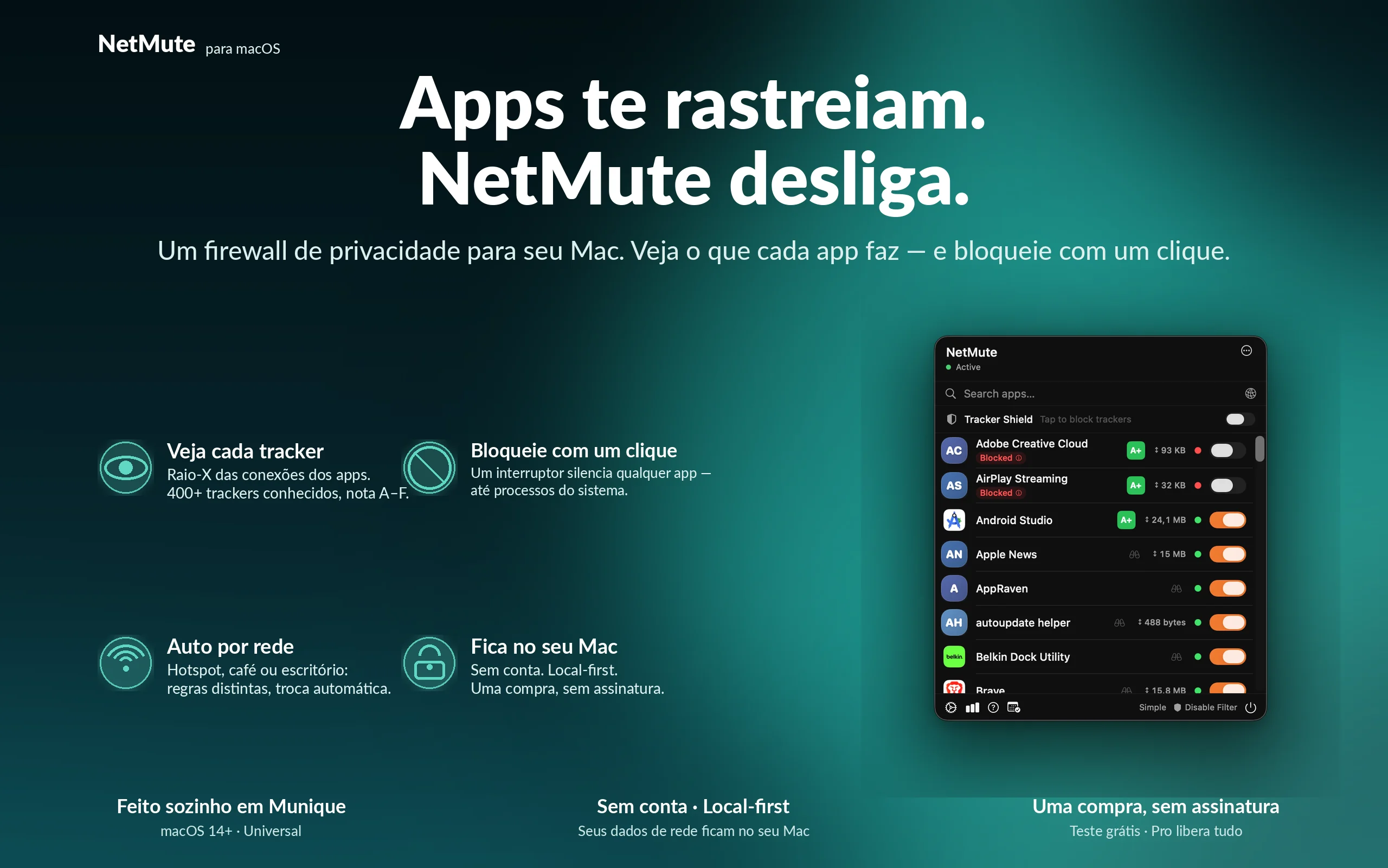 Apps te rastreiam. NetMute desliga — um firewall de privacidade para seu Mac