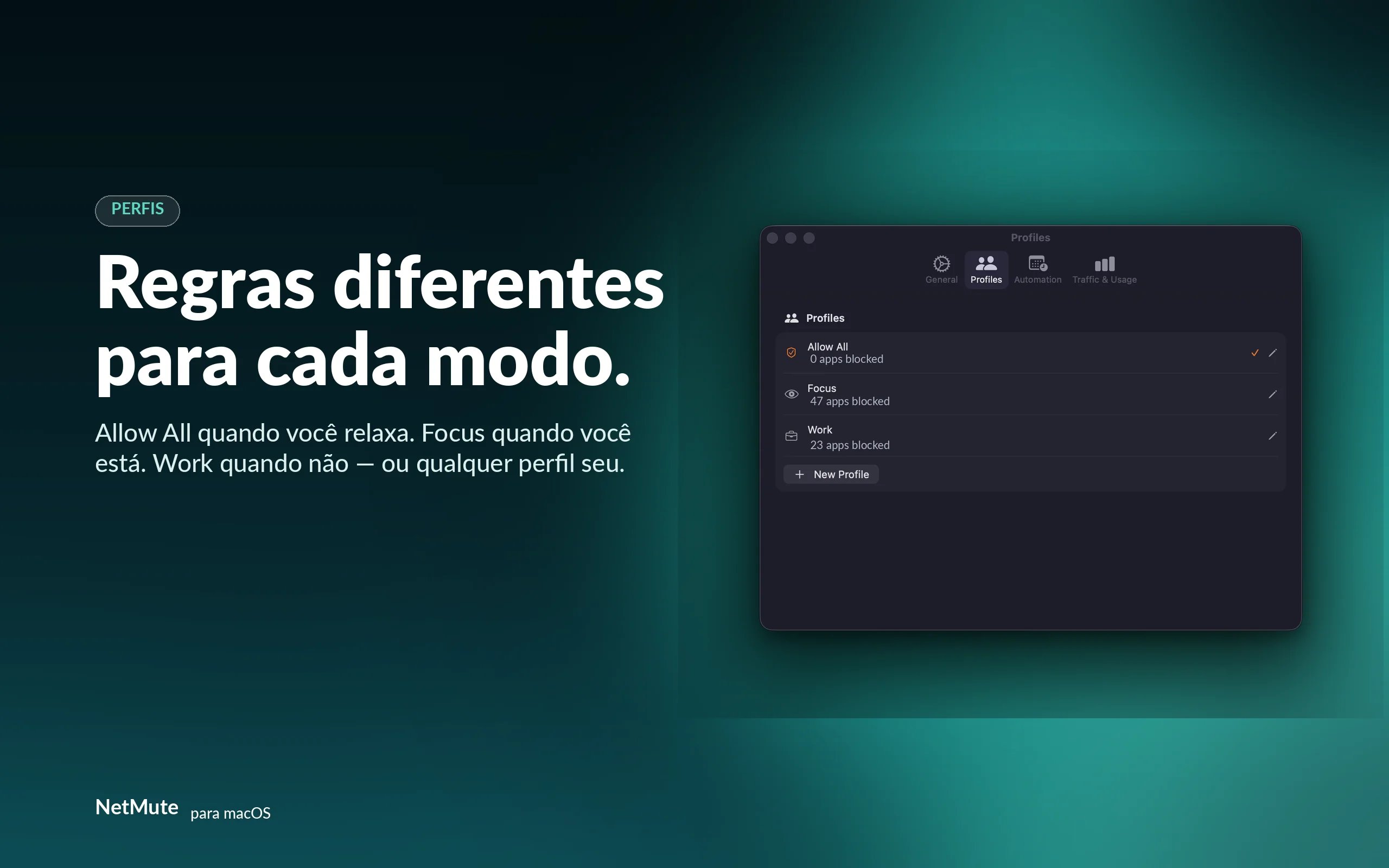 Um conjunto de regras para cada modo — Allow All, Focus, Work ou um perfil personalizado