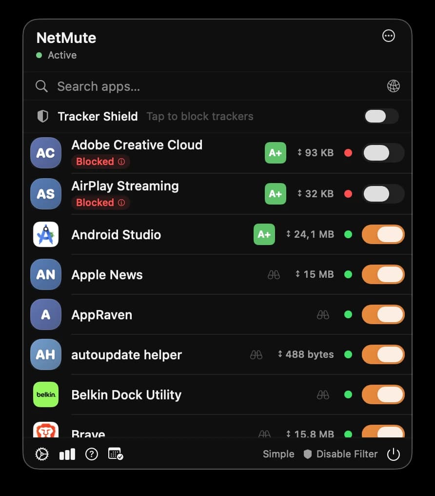 NetMute App X-Ray view: outbound connections grouped by app and by category (advertising, analytics, telemetry...)