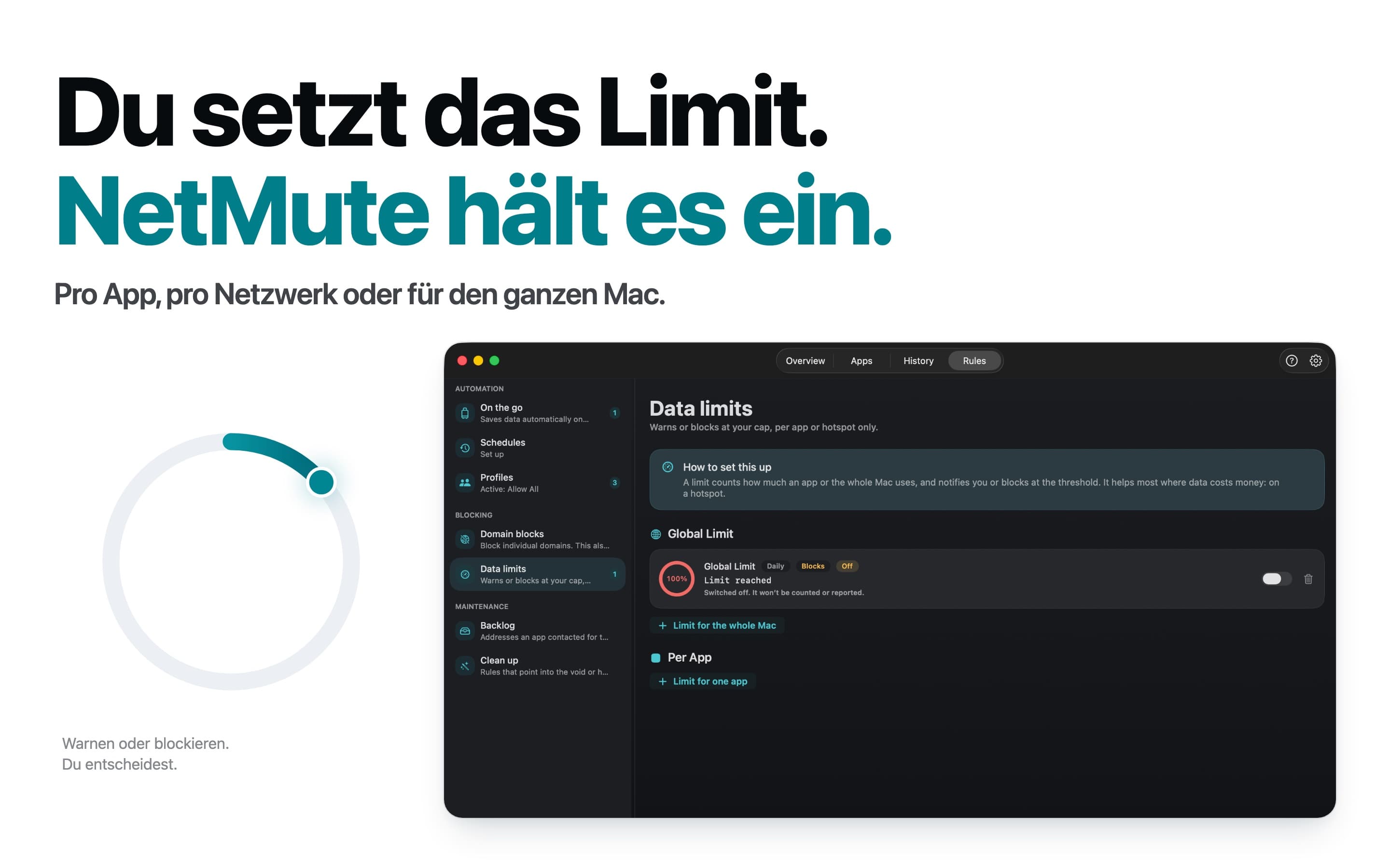Datenlimits pro App, Netzwerk oder Mac