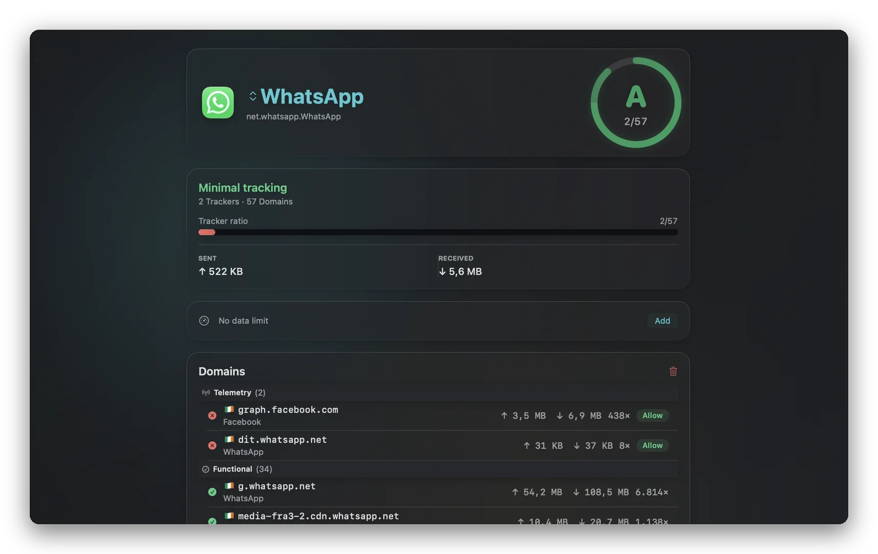 NetMute の App X-Ray:すべての送信通信をアプリ別・送信先カテゴリ別にグループ化して表示