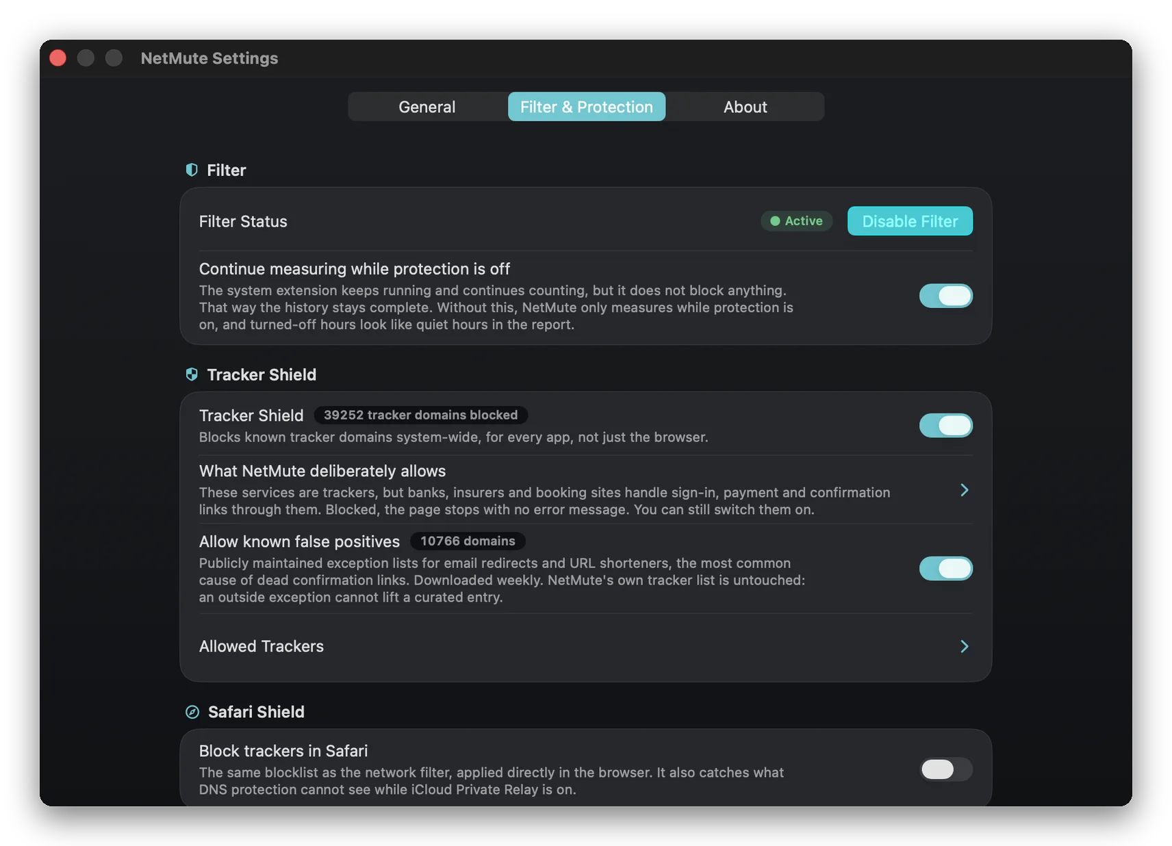 NetMute settings, Filter & Protection: the filter status reads Active