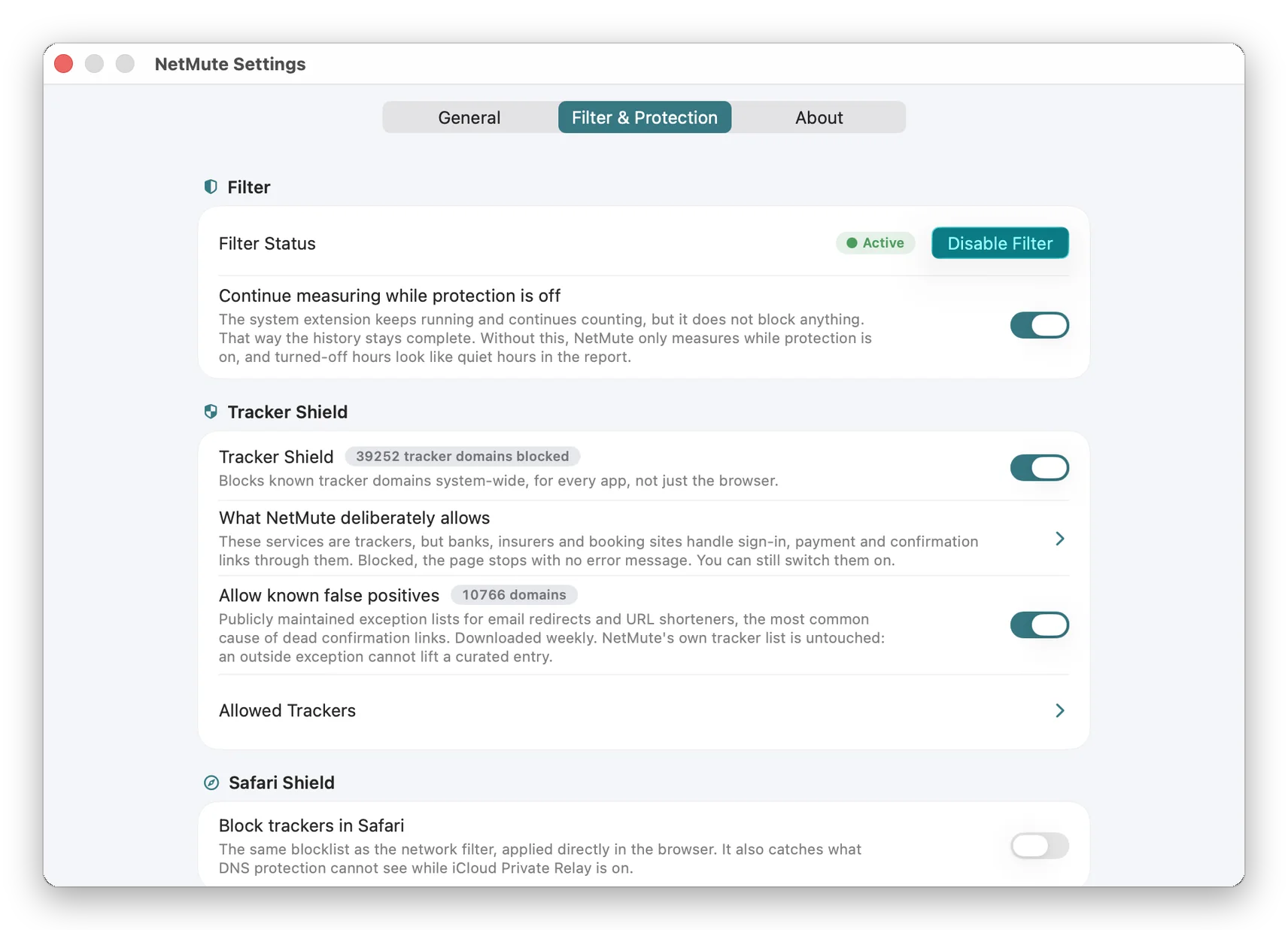 Filter und Schutz in NetMute mit Filterzustand, Neuinstallation der Erweiterung und Tracker Shield