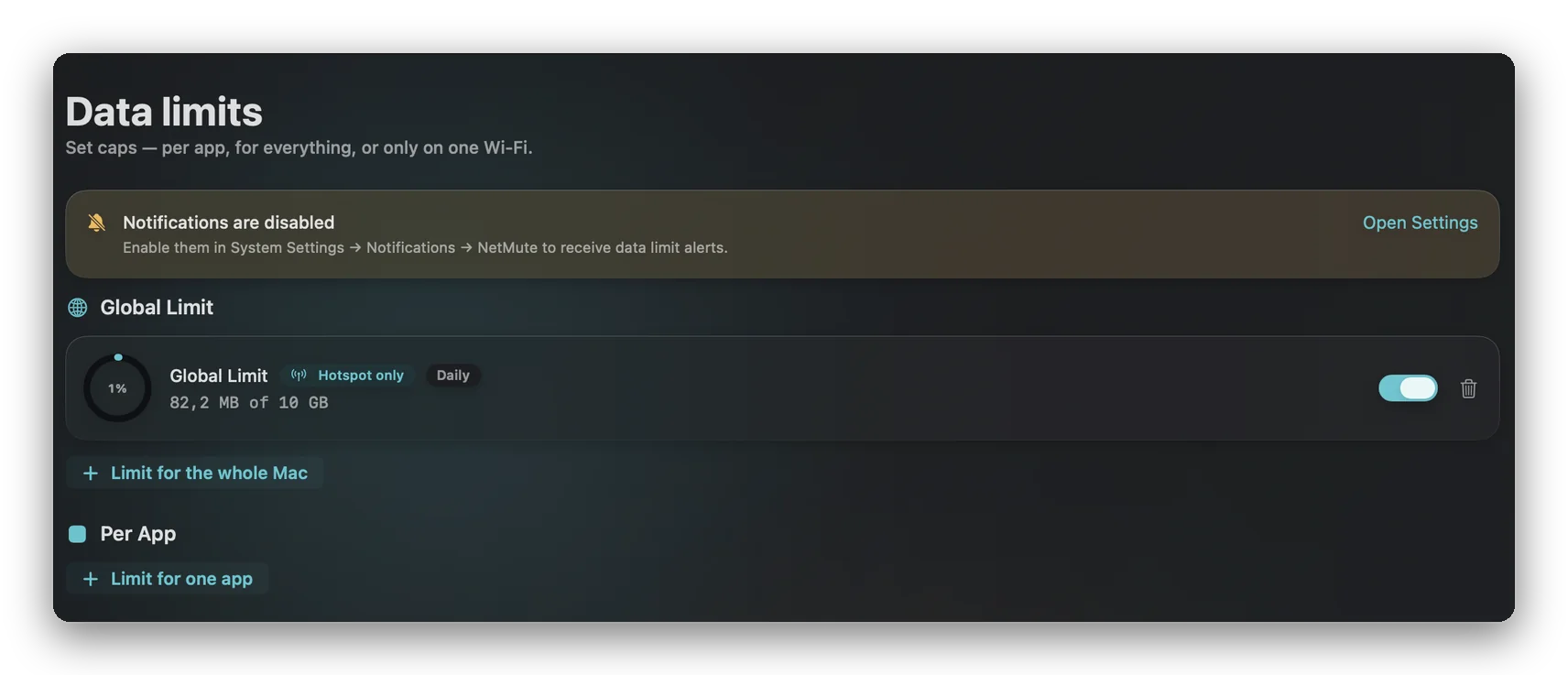 NetMute 앱별 토글과 데이터 한도: 앱을 네트워크에서 차단하거나 사용량 상한을 설정할 수 있습니다