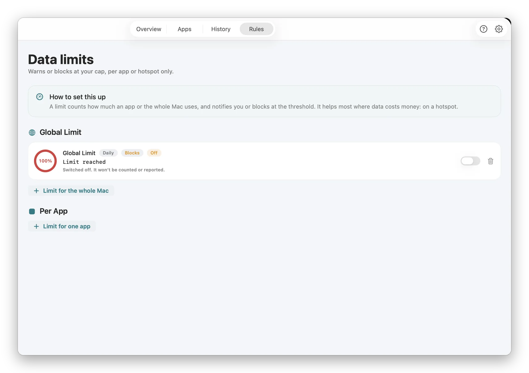 Límites de datos de NetMute: límite global y límites por app