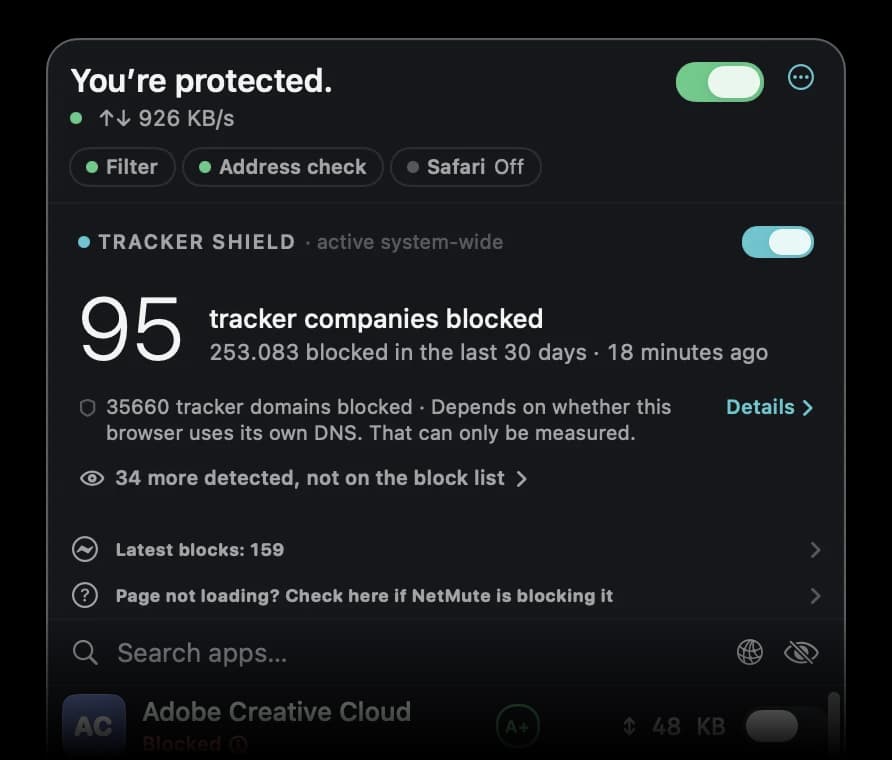 NetMute menu-bar panel: 87 tracker companies blocked, Tracker Shield switch and per-app toggles