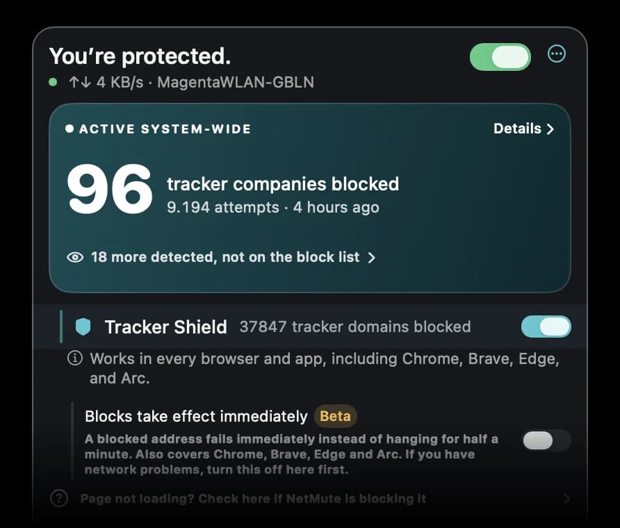 NetMute menu-bar panel: 87 tracker companies blocked, Tracker Shield switch and per-app toggles