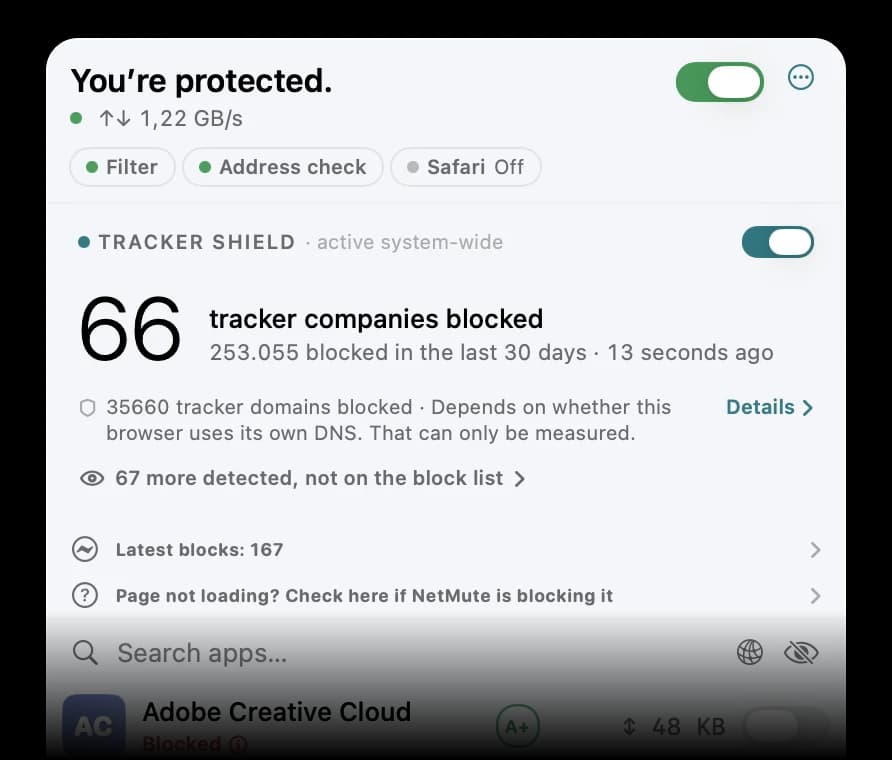 NetMute menu-bar panel: 87 tracker companies blocked, Tracker Shield switch and per-app toggles