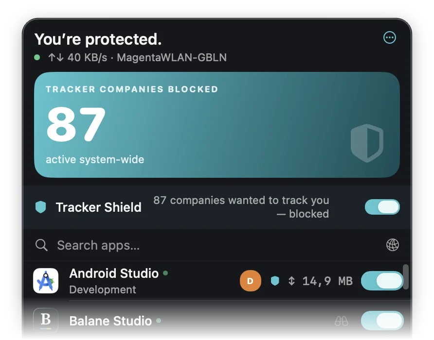 NetMute menu-bar panel: 87 tracker companies blocked, Tracker Shield switch and per-app toggles