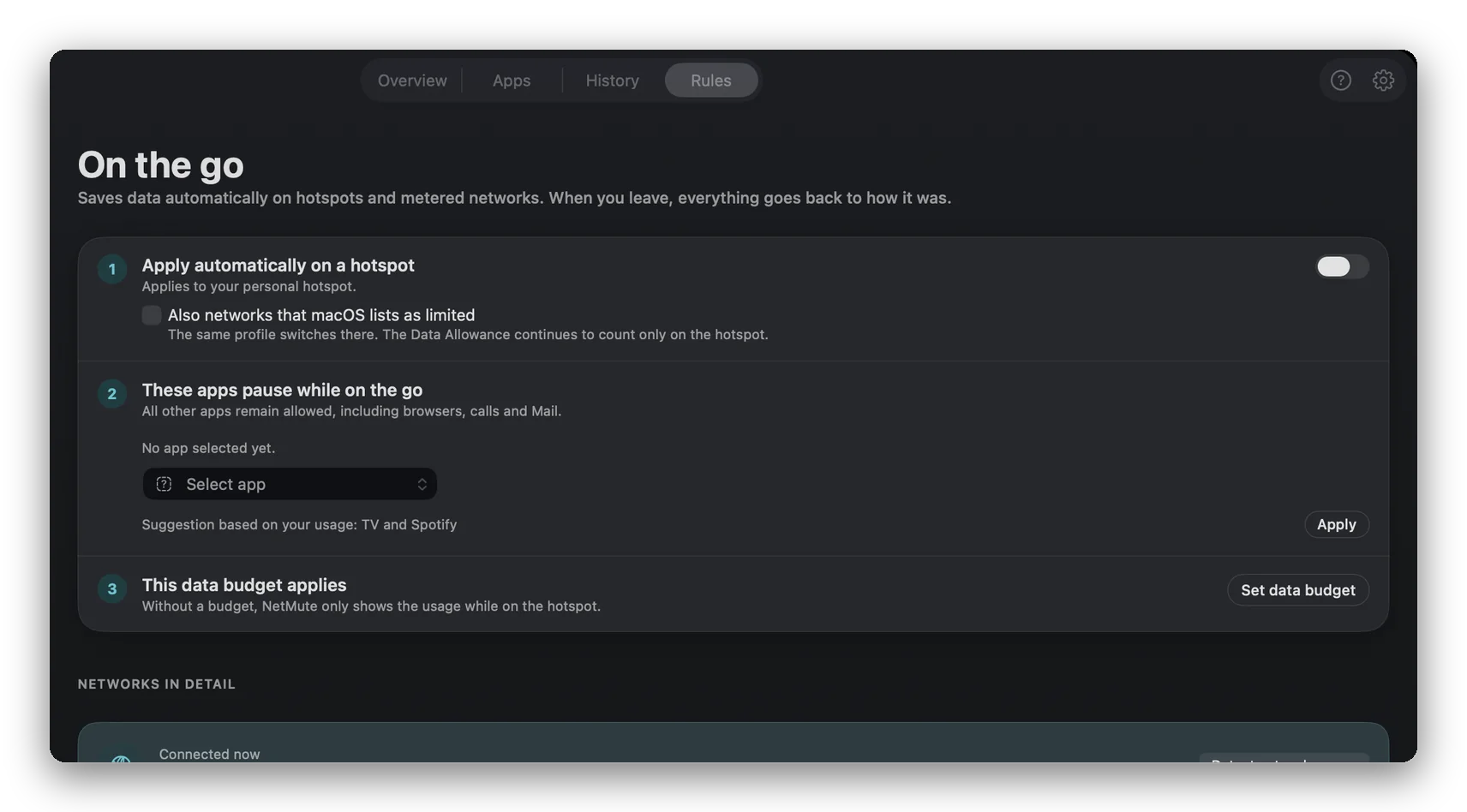 NetMute De viaje: aplicar automáticamente en un punto de acceso, apps que se pausan, presupuesto de datos