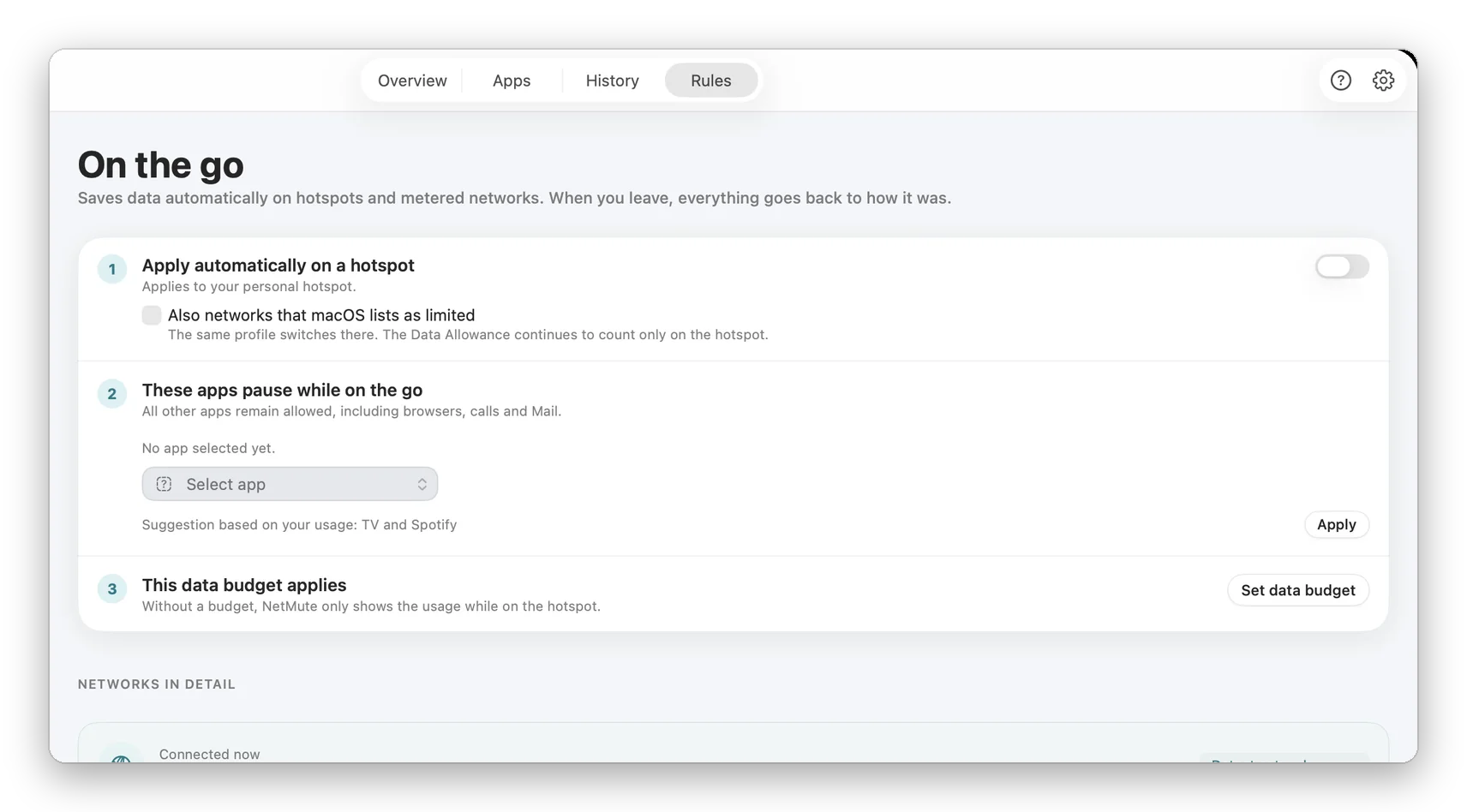NetMute De viaje: aplicar automáticamente en un punto de acceso, apps que se pausan, presupuesto de datos