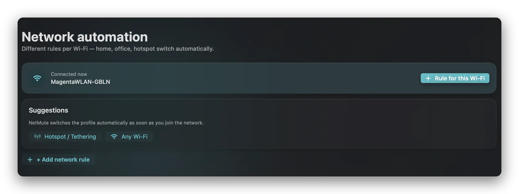 NetMute applying network rules automatically when a hotspot connects